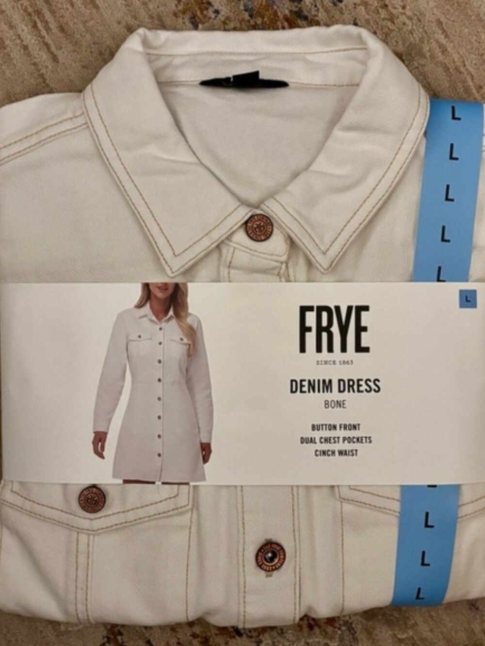 FRYE brand new DENIM DRESS size large BONE COLOR button front CINCH WAIST